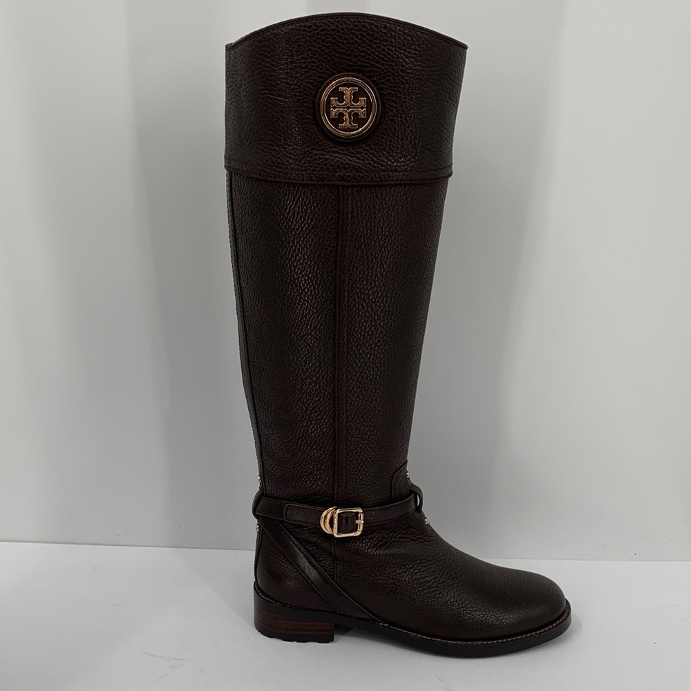 Tory Burch Teresa riding tall boots coconut brown leather zipper logo new 7